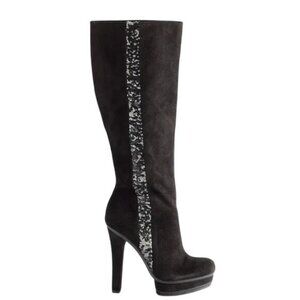 BLACK ULTRASUEDE SEQUIN KNEE-HIGH JENNIFER LOPEZ MALINA PLATFORM STILETTO BOOTS